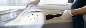 Man with flashlight lifting sheets to reveal bed bugs on mattress