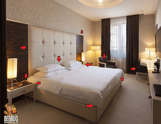 Red arrows pointing at different parts in a hotel room