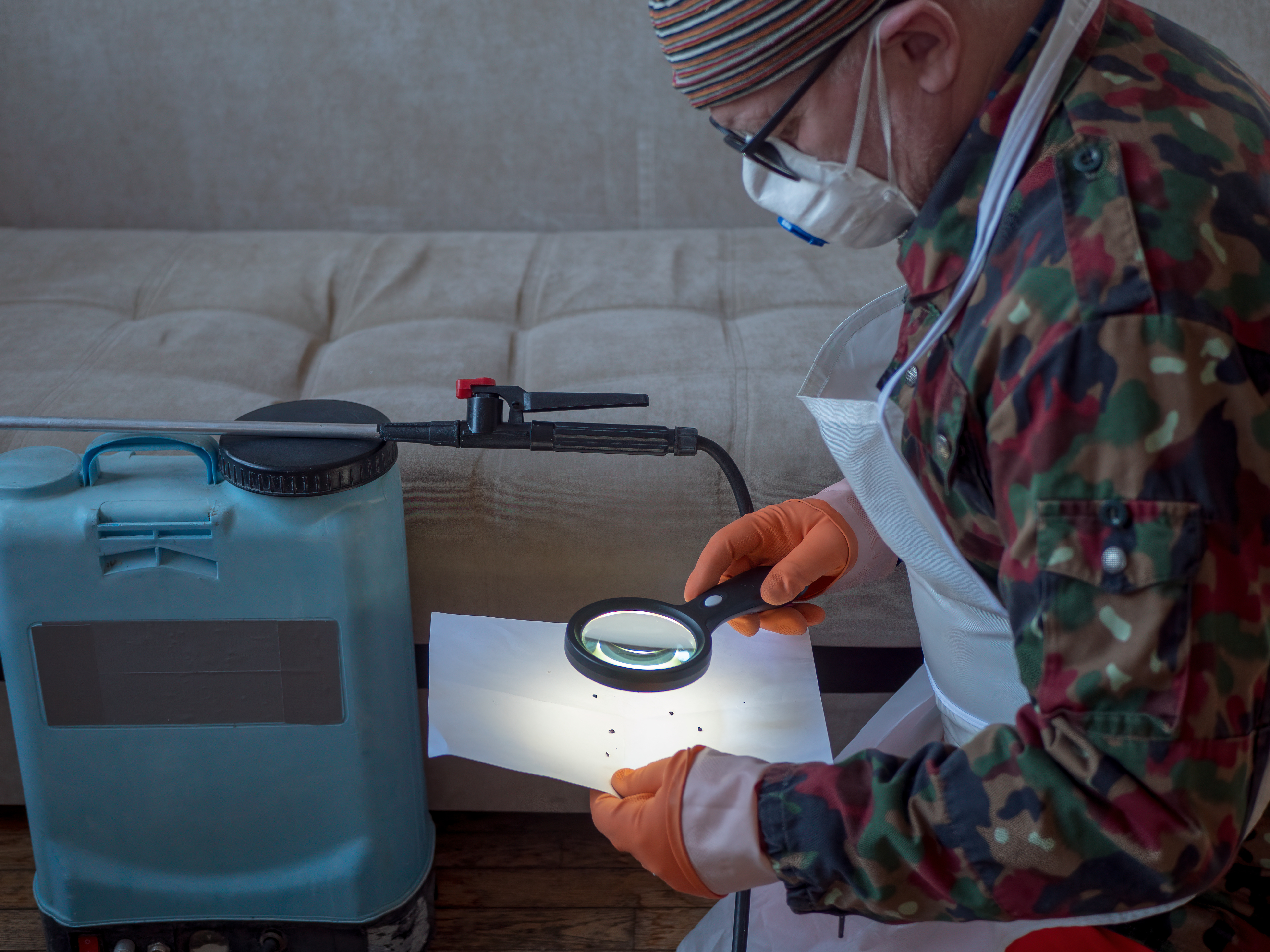 Bed bug exterminator examining paper to search for bed bug infestation