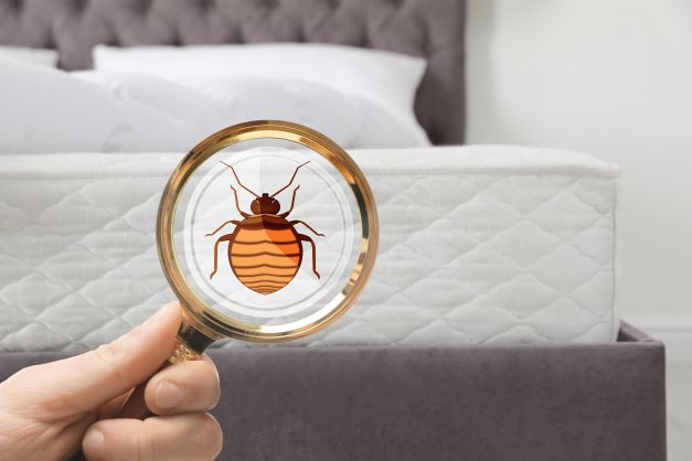 Magnifying glass over bed with bed bug icon 