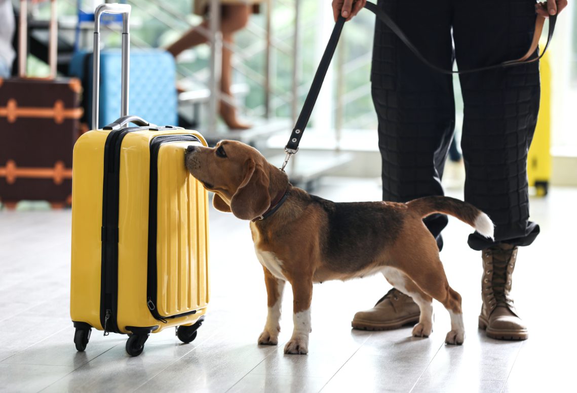 Beagle dog on a leash sniffing a yellow suitcase