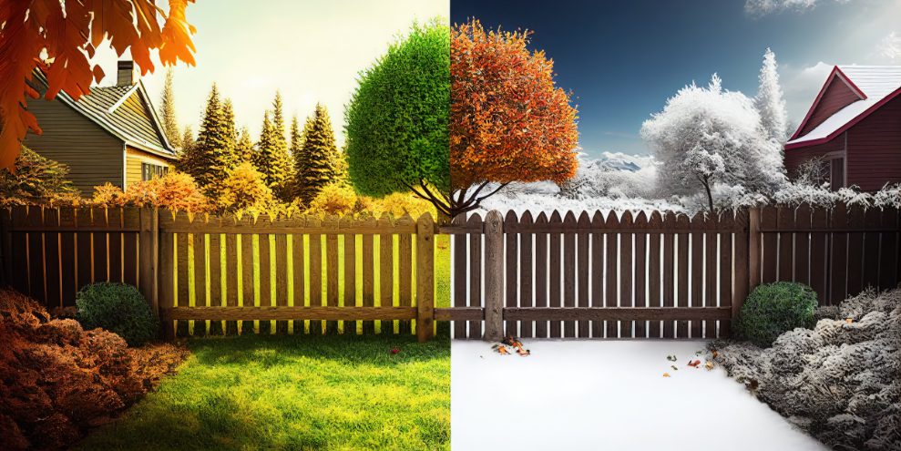 a horizontal image showing a backyard with a tree, half of the yard is in summer weather nd the other half is winter weather