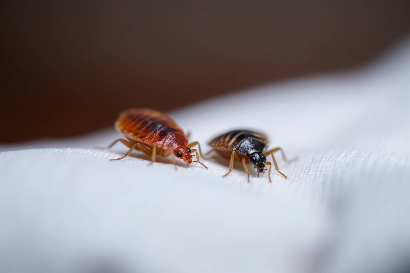 Two bed bugs on a white sheet