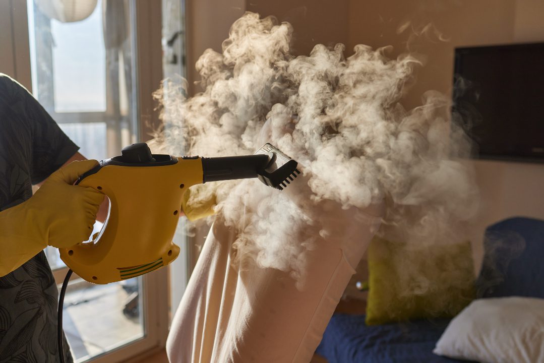 A professional bed bug exterminator uses a steamer to eliminate bed bugs from a mattress